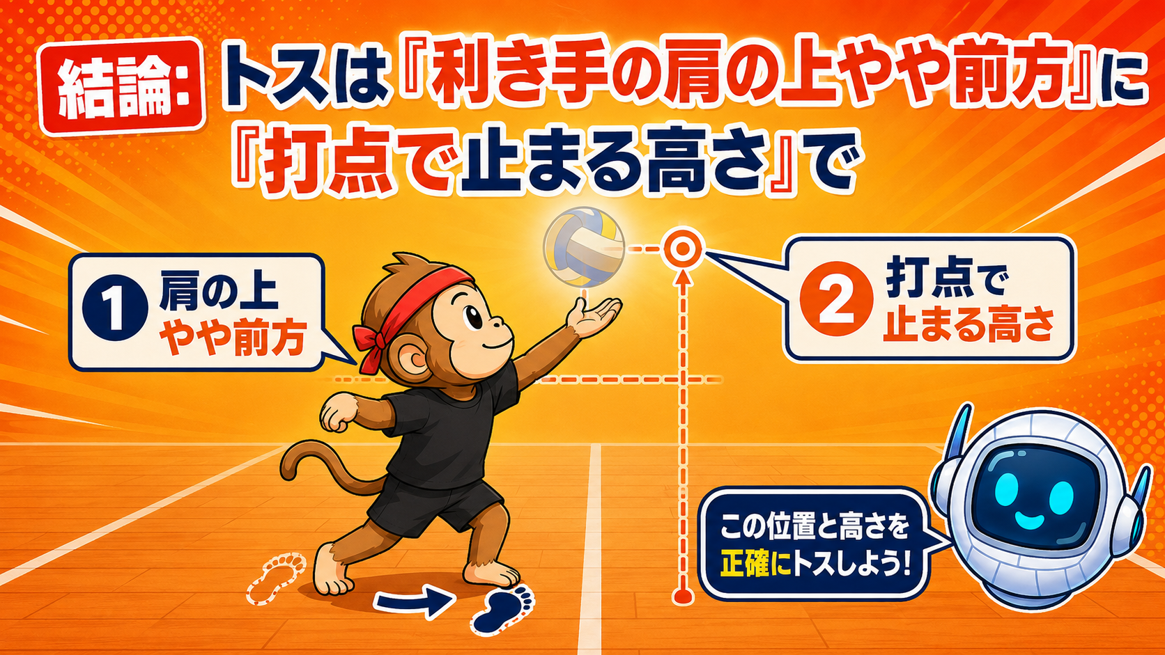 結論:トスは「利き手の肩の上やや前方」に「打点で止まる高さ」で