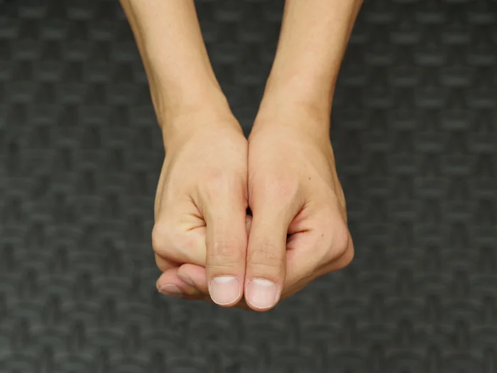 片方のみグーの組み方 手順2：もう一方の手で覆い、両親指を揃えた完成形