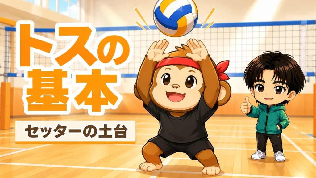 バレーボールのトスの基本のアイキャッチ｜サルくんがオーバーハンドでトスする姿勢のイラスト