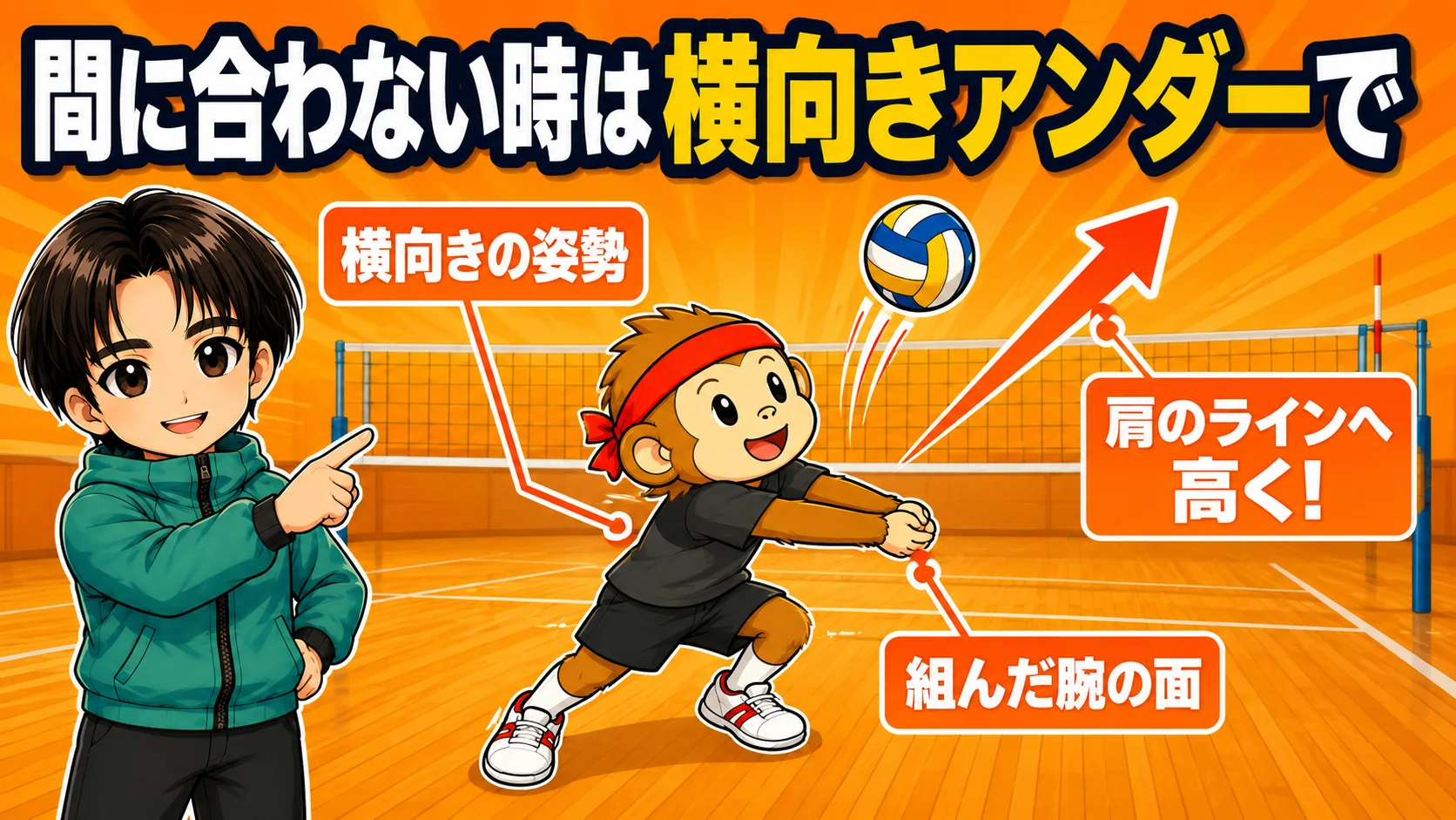 横向きのままアンダーハンドでコントロールして肩のラインへ高く上げる図