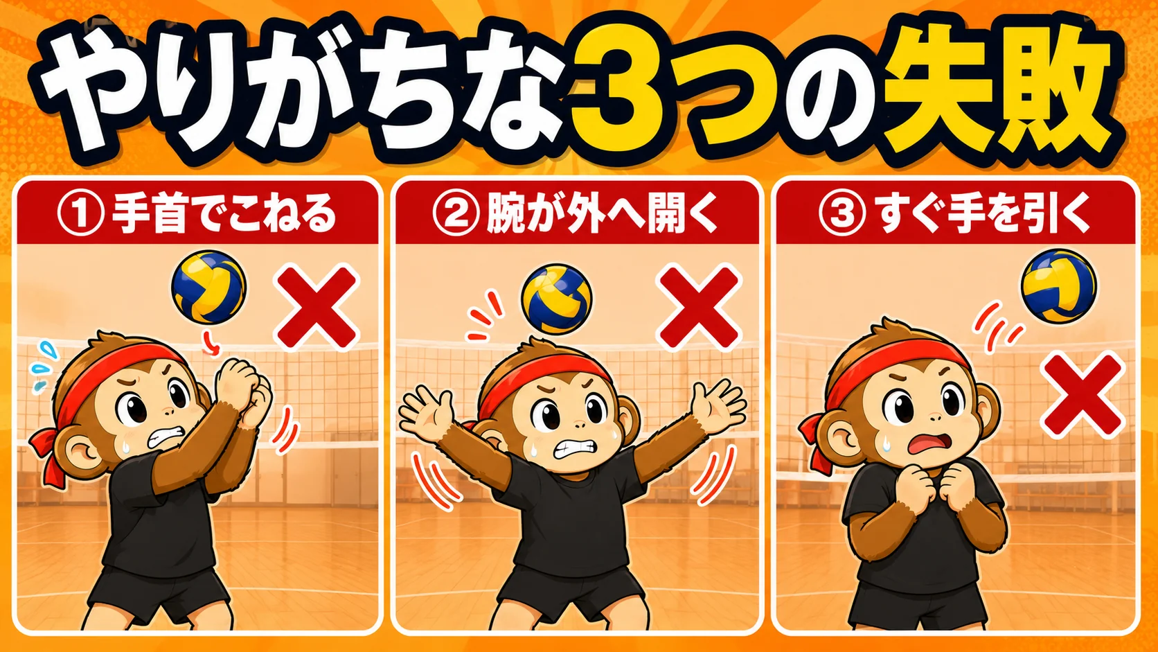 トスの方向づくりでやりがちな3つの失敗(手首でこねる・腕が外へ開く・すぐ手を引く)の図