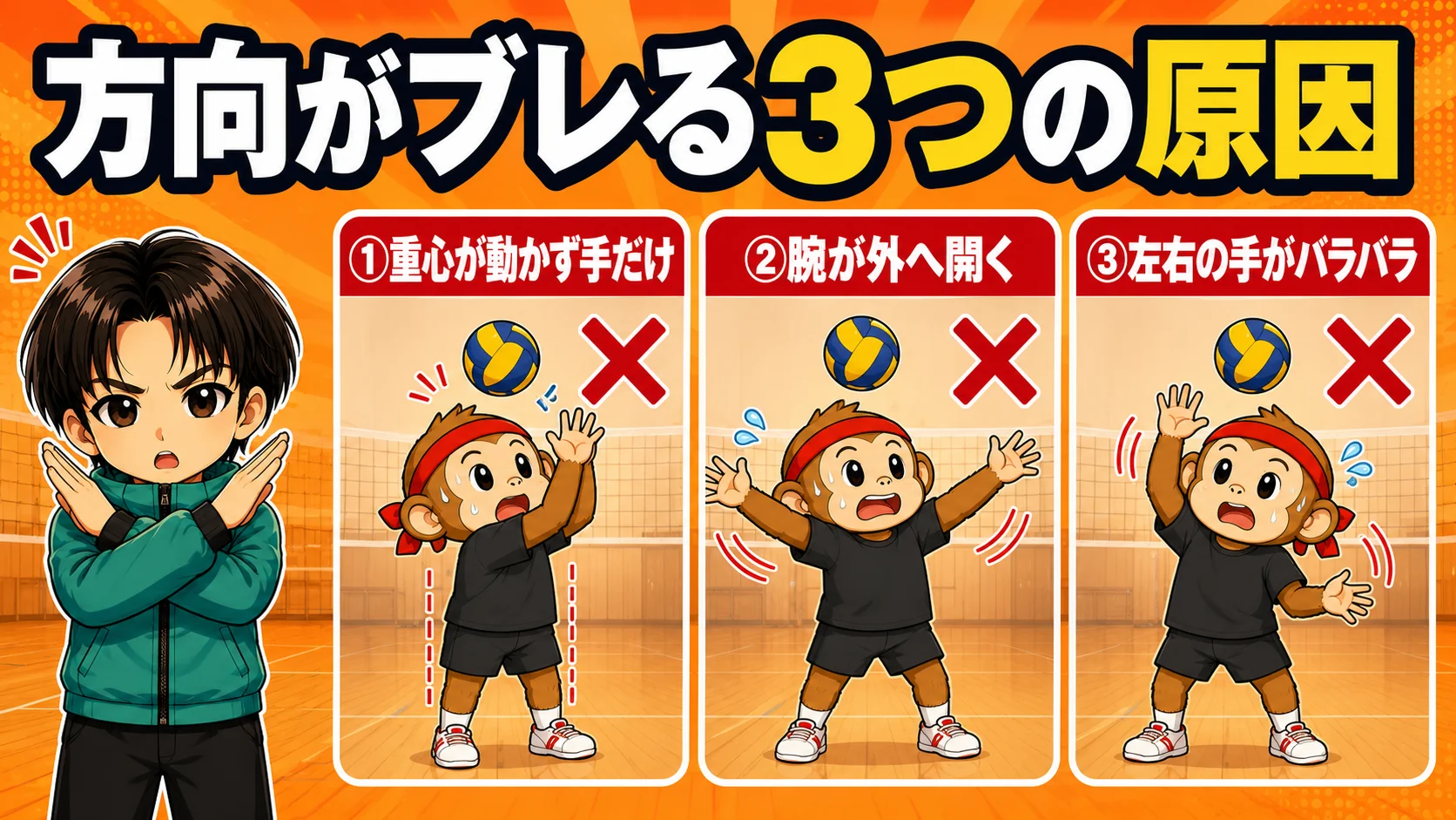 トスの方向がブレる3つの原因の図