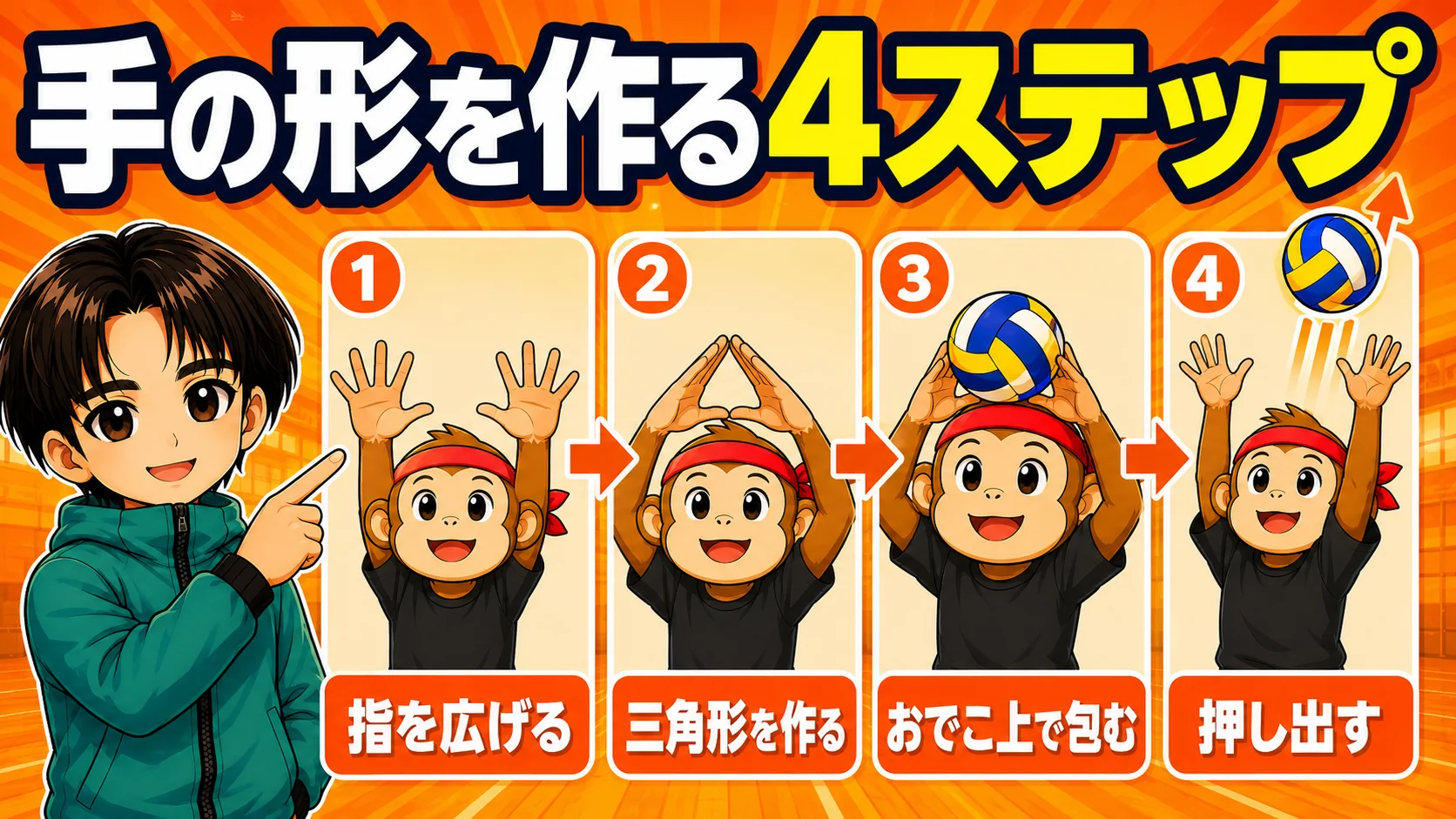 トスの手の形を作る4ステップの連続図