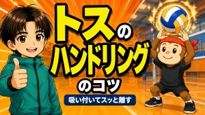 トスのハンドリングのコツ(吸い付いてスッと離す感覚)を元日本代表が解説する記事のアイキャッチ