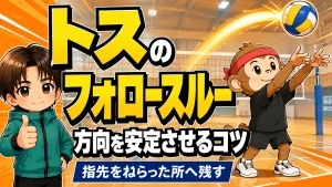 トスのフォロースルーで方向を安定させるコツ(指先をねらった所へ残す)を元日本代表が解説する記事のアイキャッチ