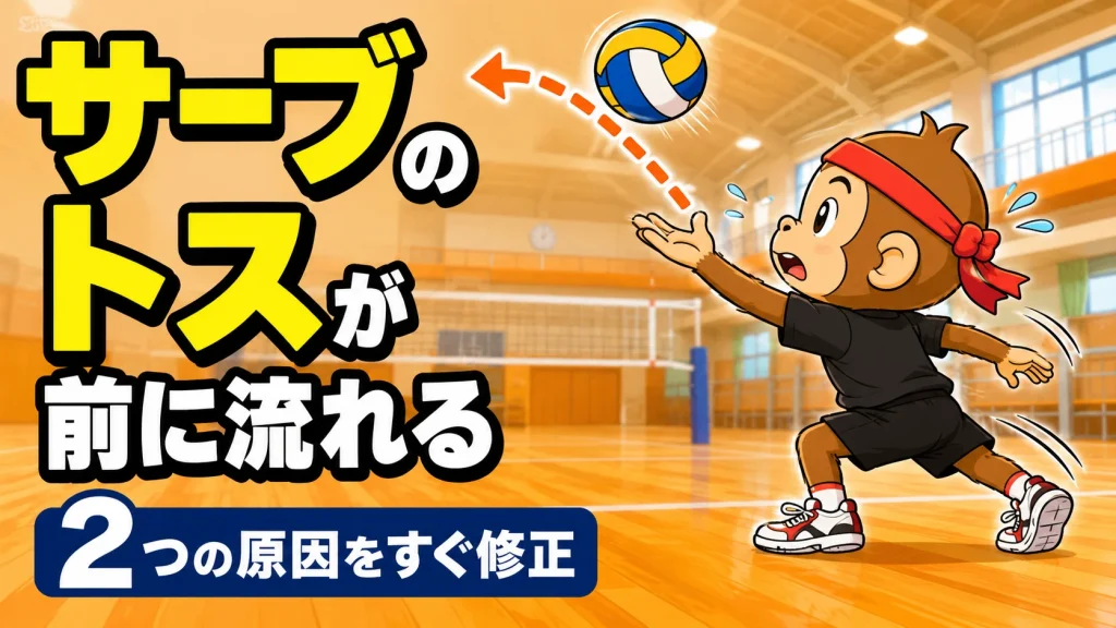 サーブのトスが前に流れる2つの原因と修正法を解説する記事のアイキャッチ