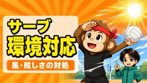 屋外で風や眩しさに対応してサーブを打つコツをサルくんが実演し、あげばコーチが指導する