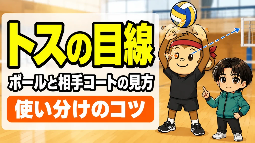 トスの目線の使い分け・ボールと相手コートの見方を解説するアイキャッチ