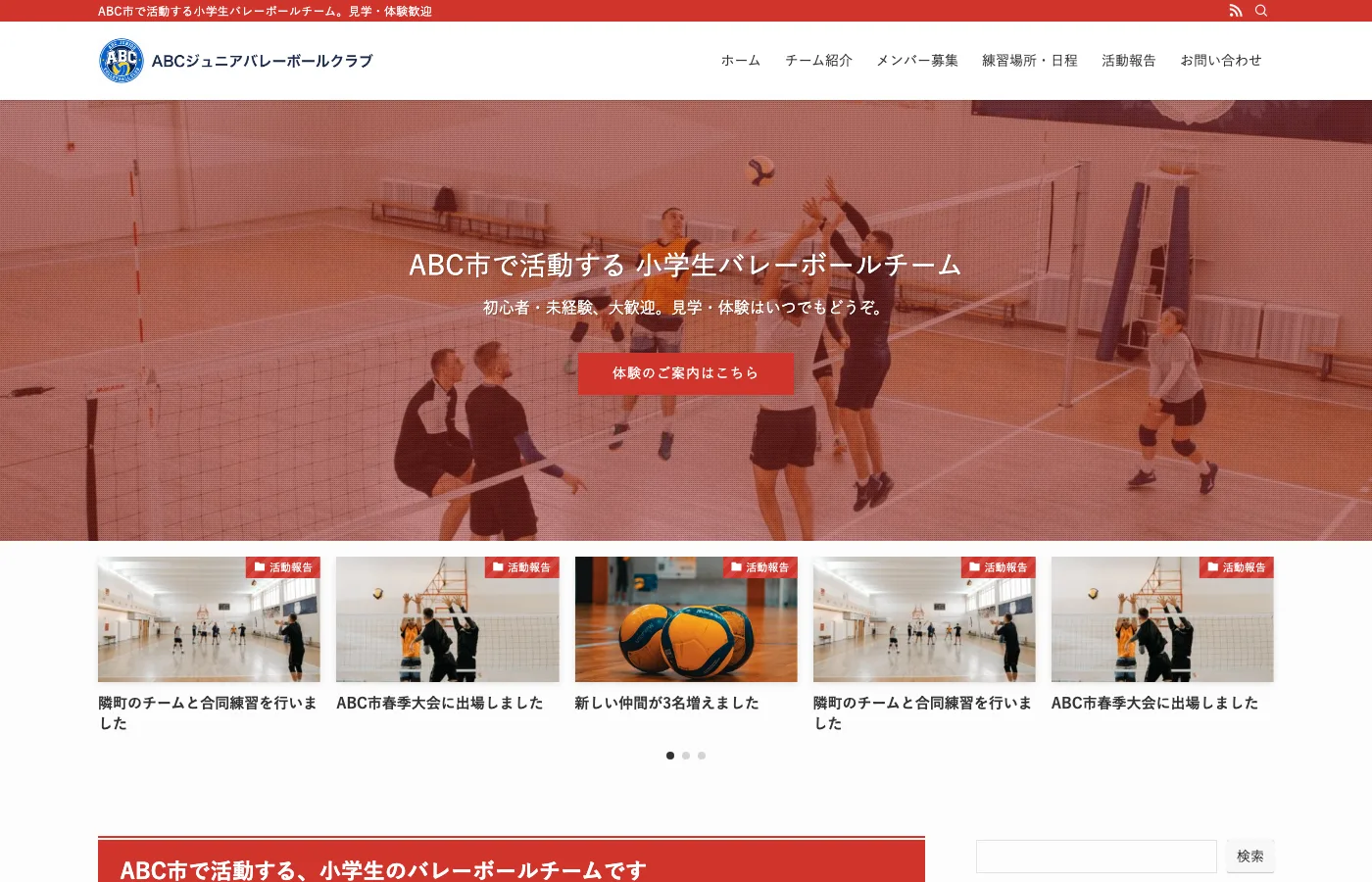 チームホームページのデザイン例: レッド(情熱)