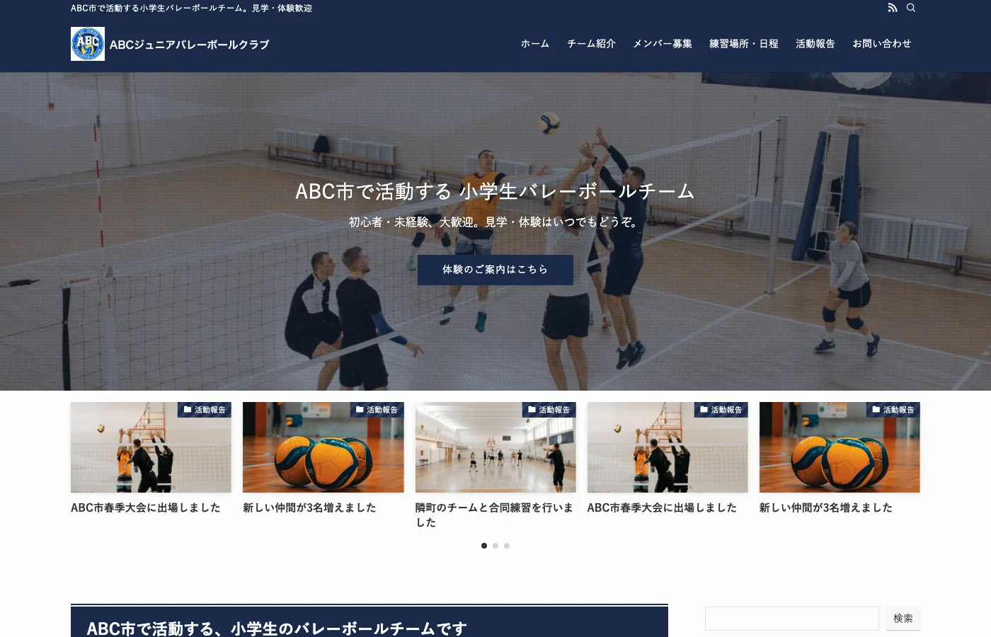 チームホームページのデザイン例: ネイビー(クール)
