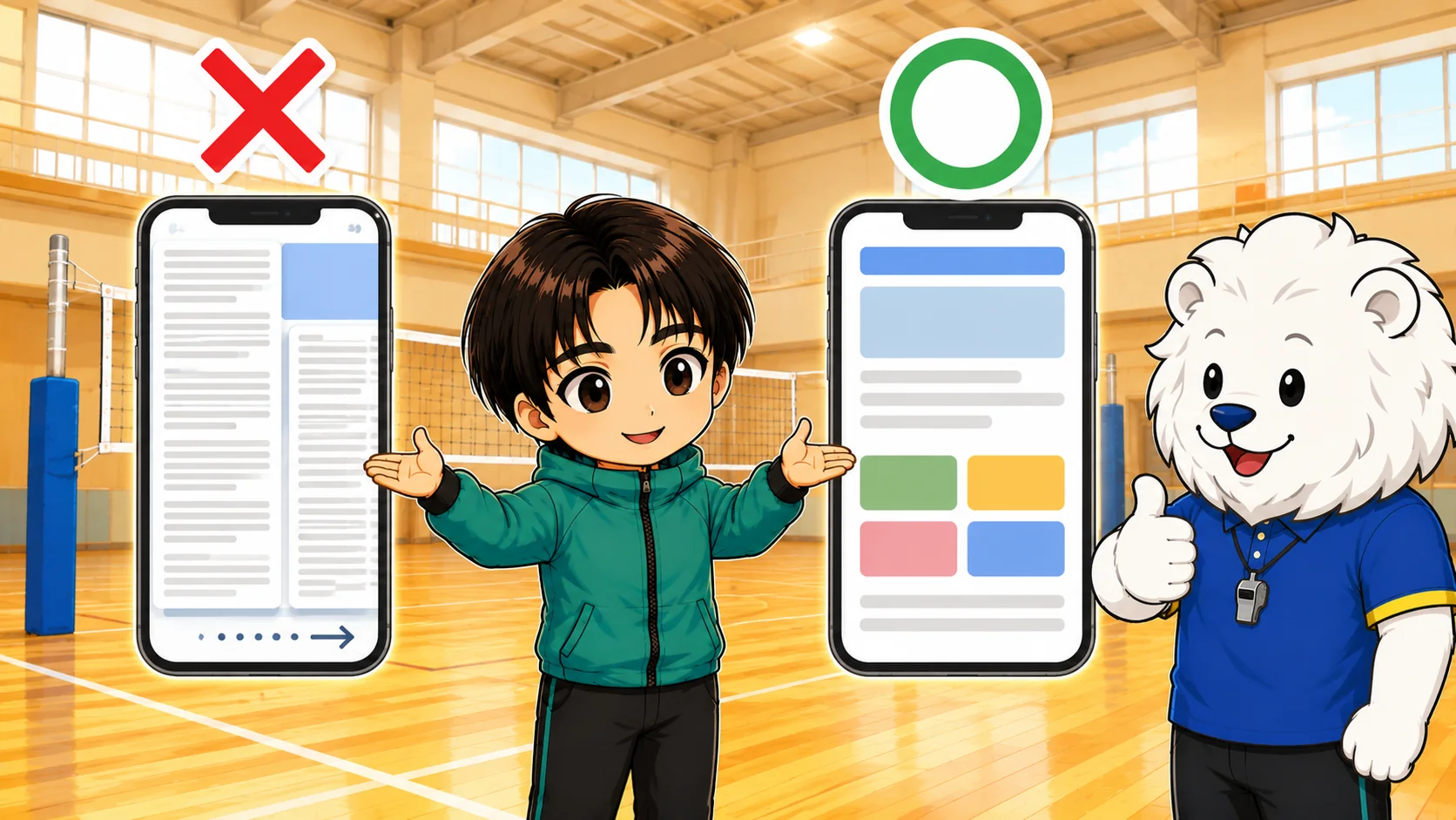 スマホで見にくいチームHPと見やすいHPの画面を比較した図
