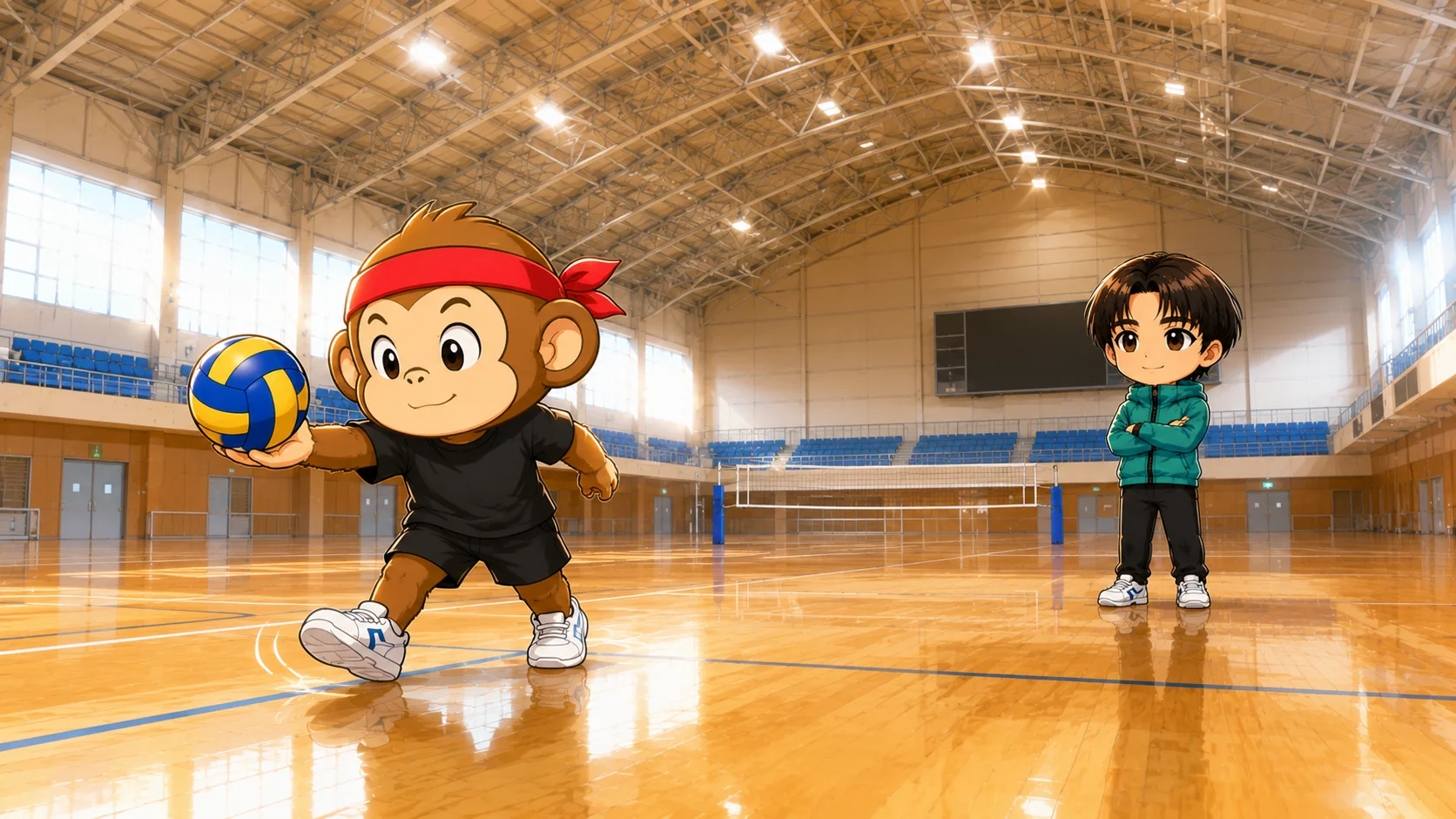 天井が高く広い会場でサーブの距離感を確かめるイラスト