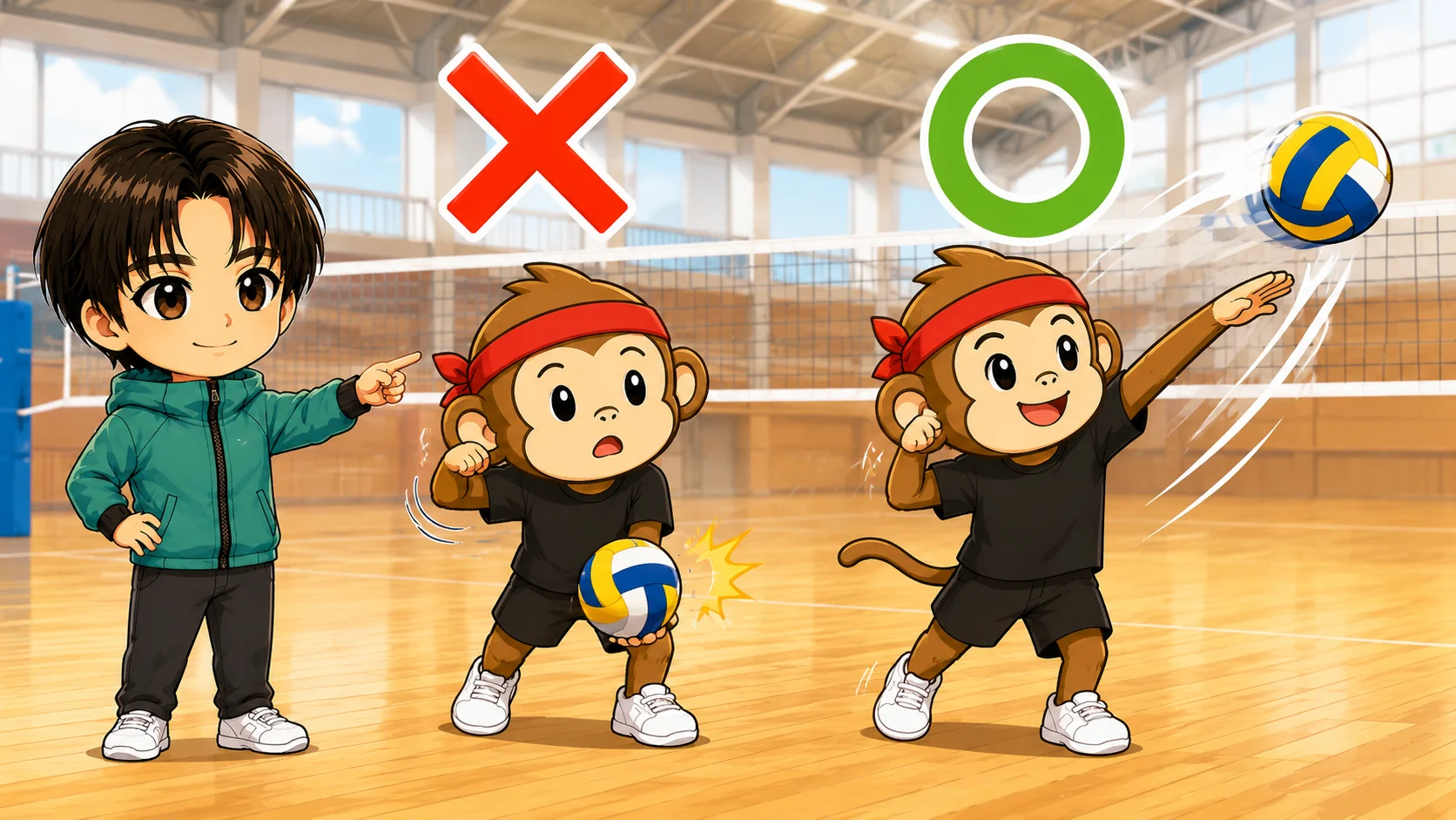 試合でサーブを当てにいく失敗と振り切る成功の比較図