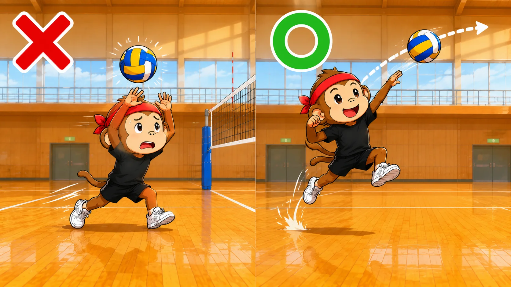 ブロードのトスが真上に止まる失敗と進行方向へ通過させる正しい例の比較イラスト