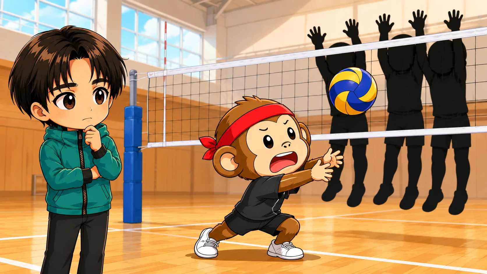 試合で乱れたトスに戸惑いブロックの前でスパイクが打てず崩れる選手のイラスト
