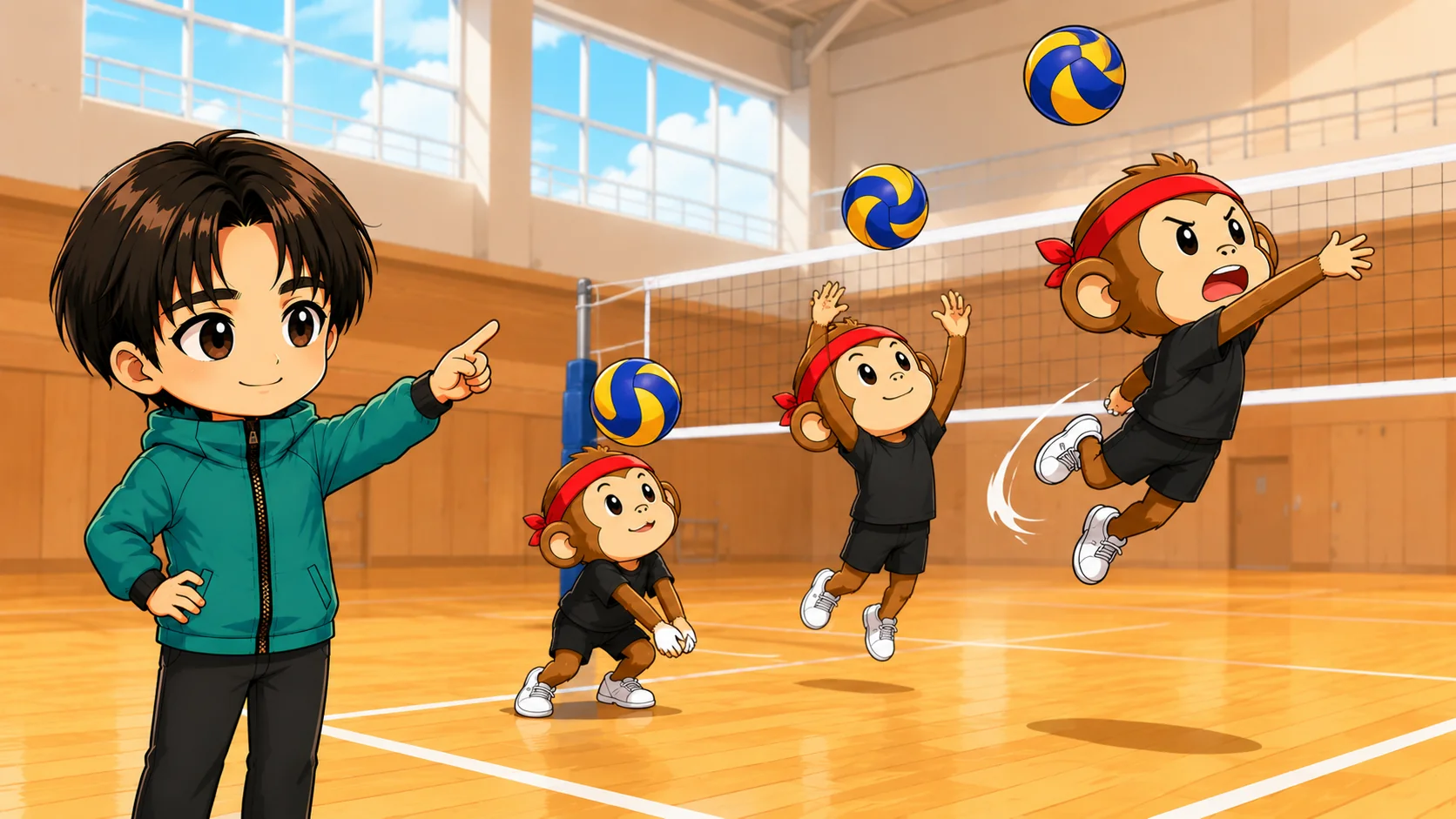 試合前のウォームアップで色々な高さのトスを打ち込みスパイクを合わせる練習のイラスト