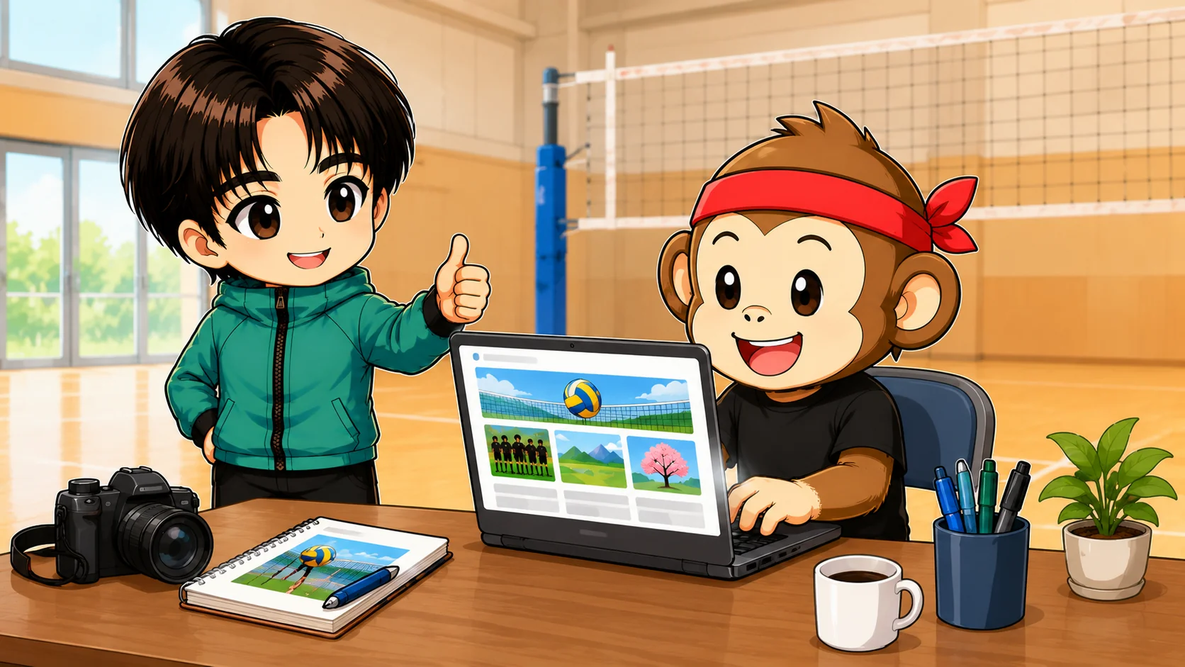 バレーチームのホームページを継続して更新する様子のイラスト