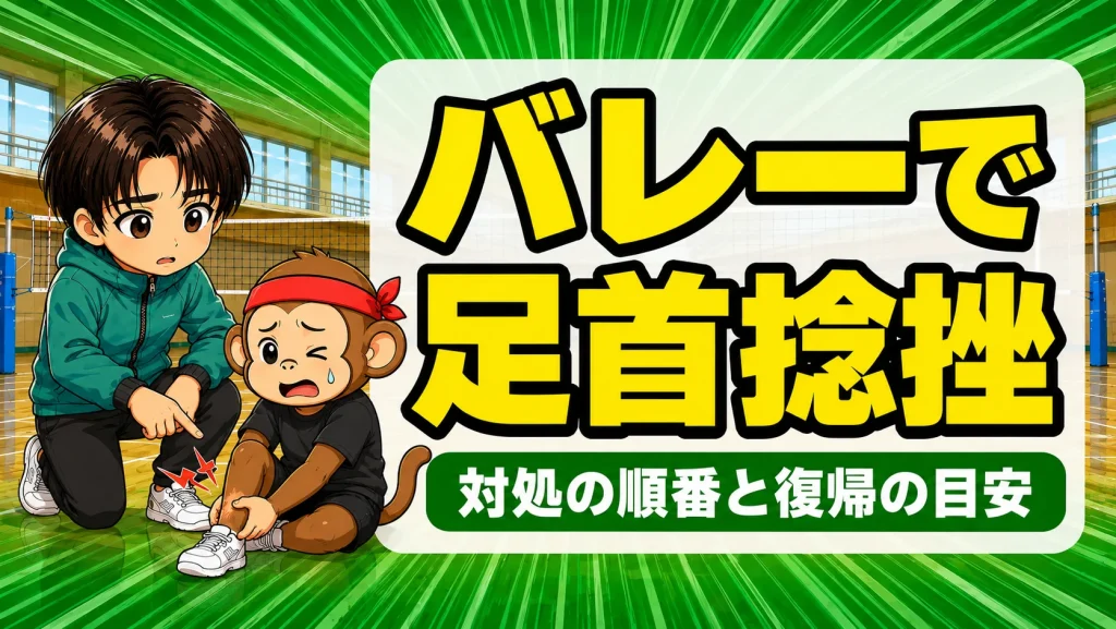 バレーで足首を捻挫した選手を、コーチが確認している場面のアイキャッチ