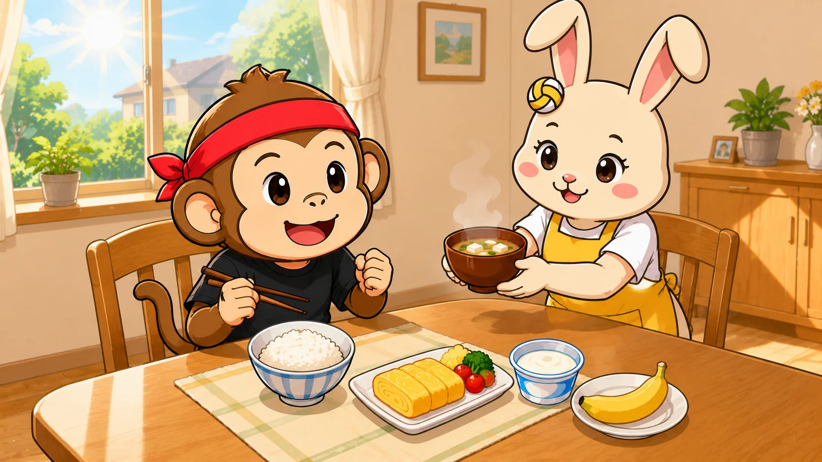 バレーボール選手の朝食メニュー例(ごはん・卵焼き・みそ汁・ヨーグルト・バナナ)