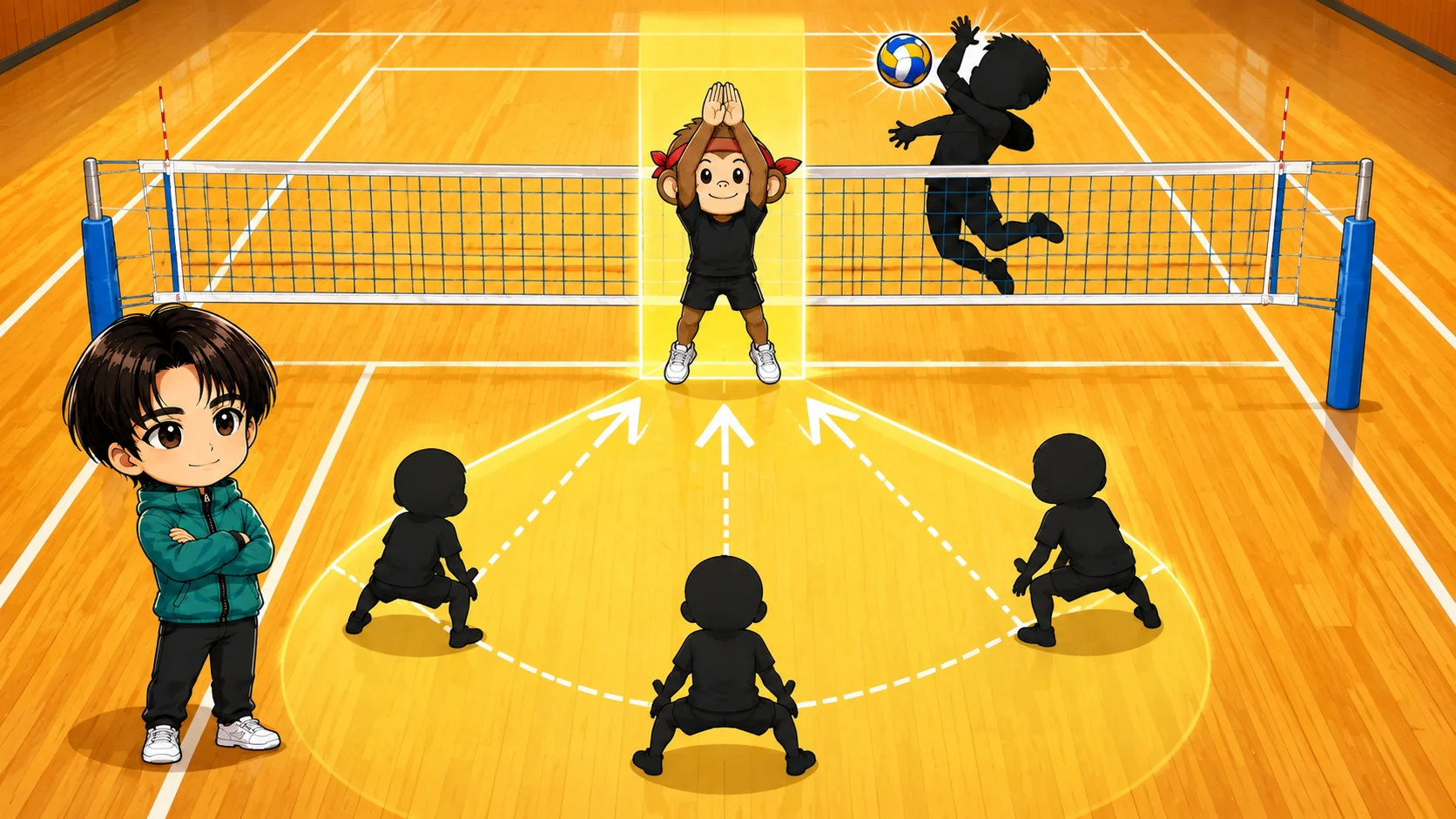 ブロックの面でコースを塞ぎレシーバーが守るトータルディフェンスの図