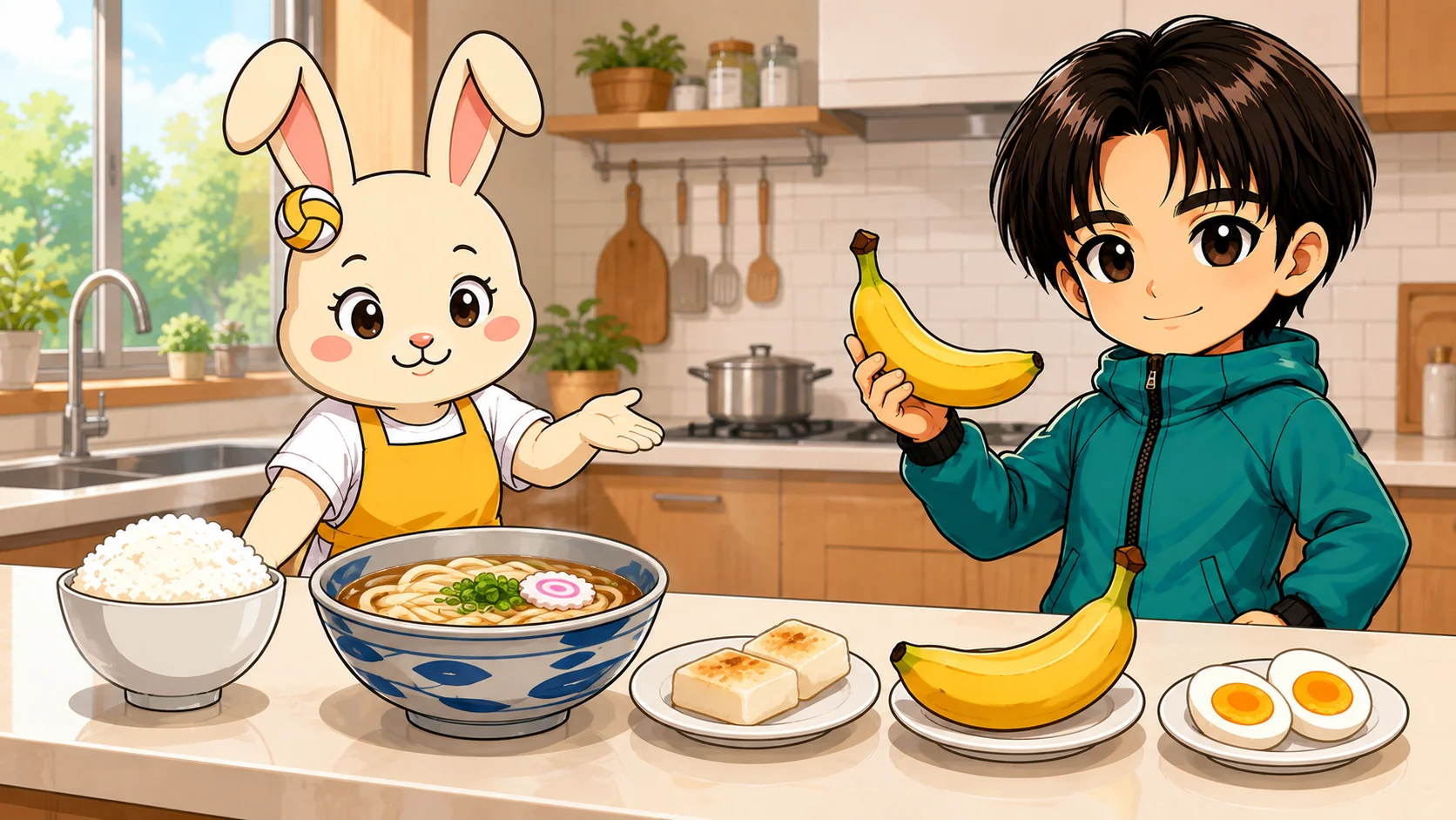 大会前日に食べたい主食のご飯・うどん・もち・バナナを並べたイラスト