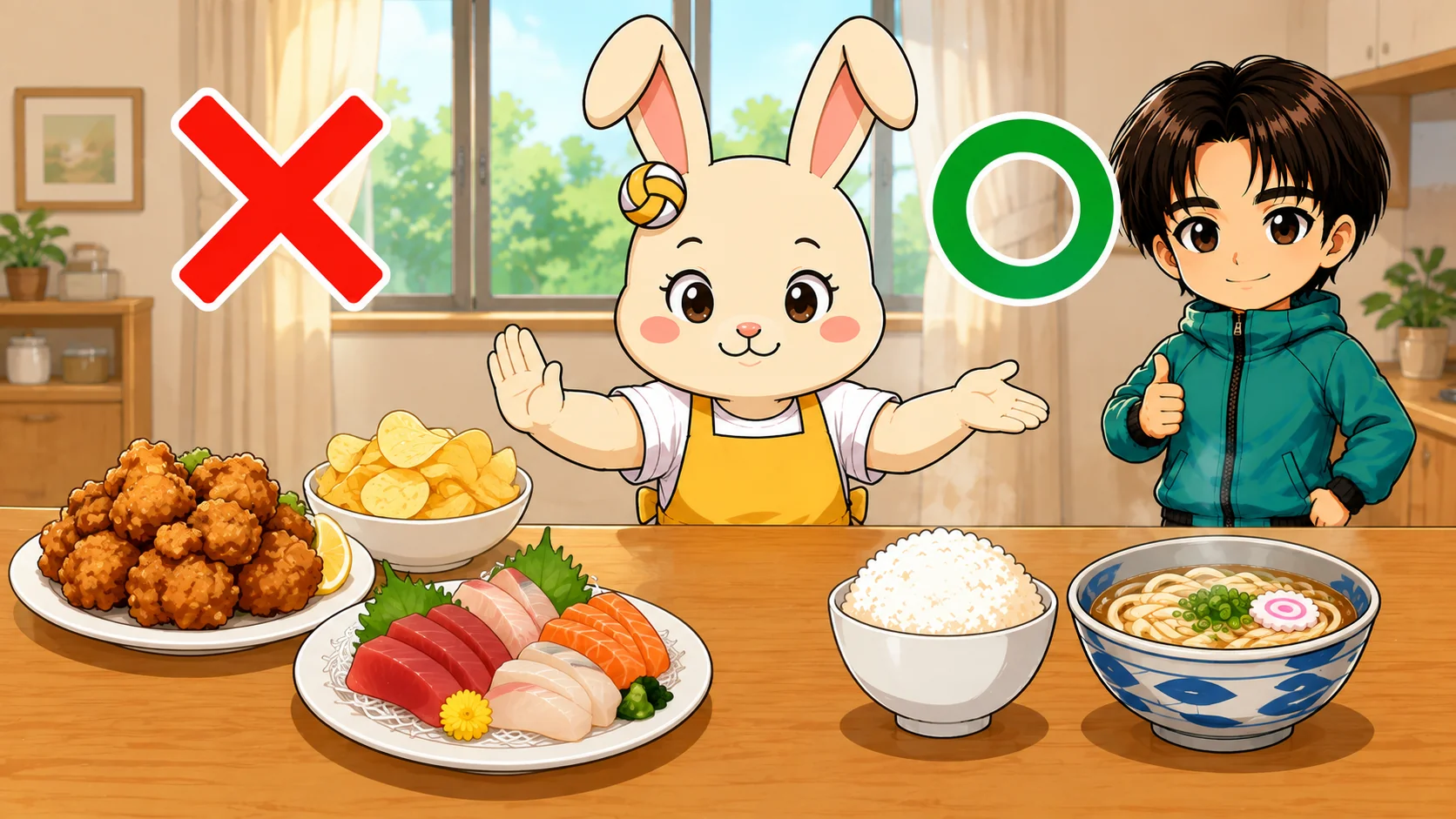 大会前日に控えたい揚げ物や生ものと、おすすめの主食を比べたイラスト