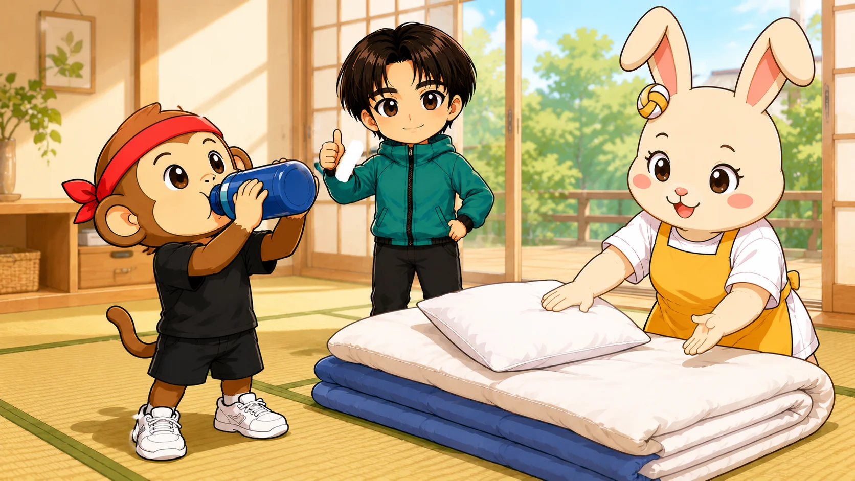 カーボローディングの実践のコツとして前日の水分補給と睡眠を整えるイラスト
