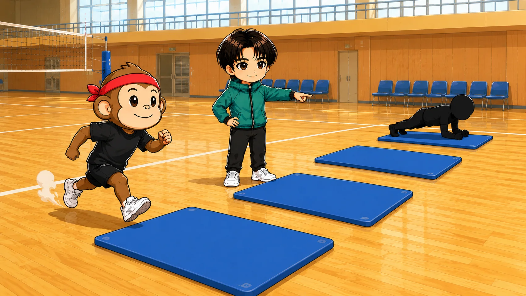 バレーのサーキットトレーニングで部位が続かないように種目を並べる図解