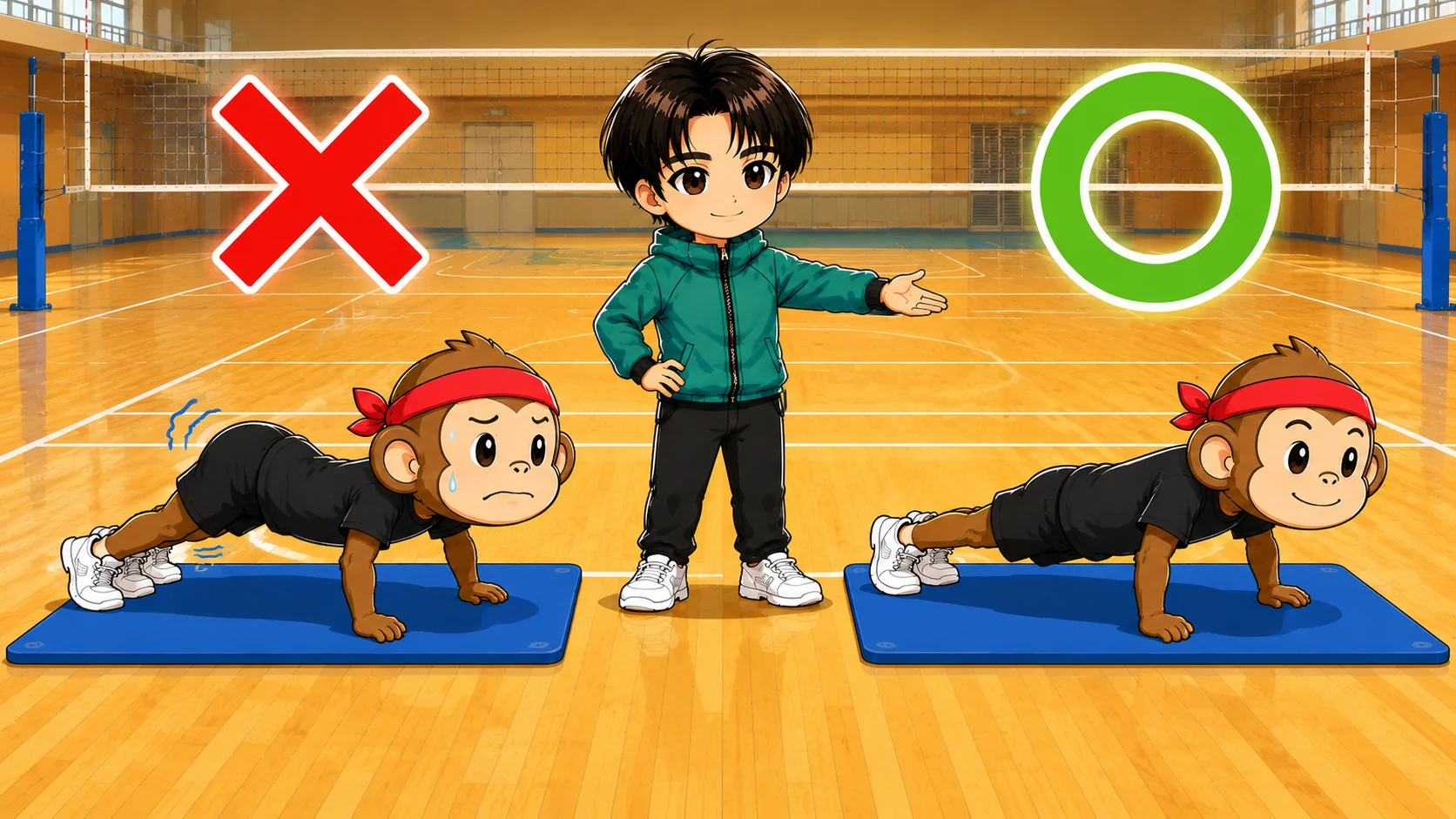 サーキットトレーニングでフォームが崩れた腕立てと正しい腕立ての比較