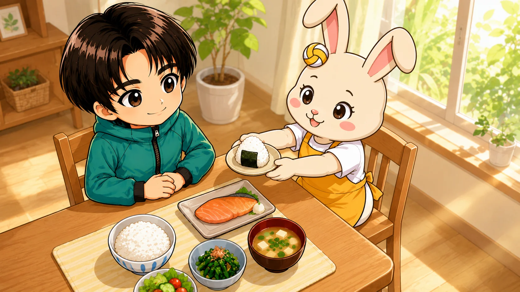 バレーボール選手の食事の基本として栄養バランスのそろった定食と補食のおにぎり