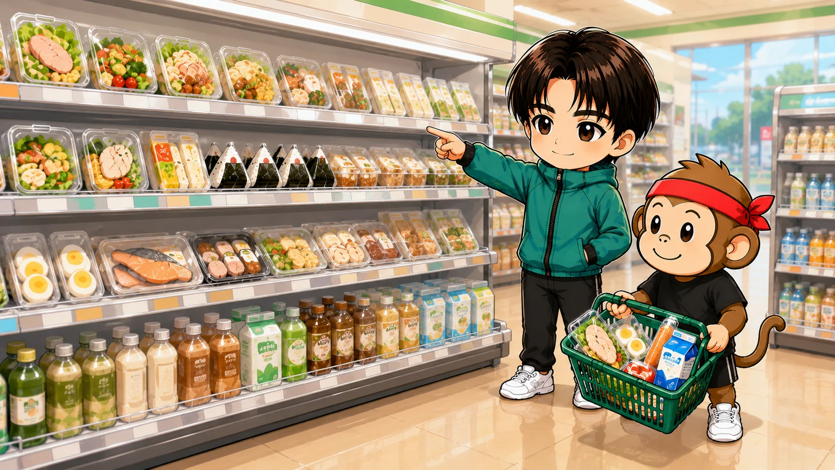 コンビニの棚で選べる高タンパク食品をサラダチキンやゆで卵、牛乳から買い物カゴに入れる様子