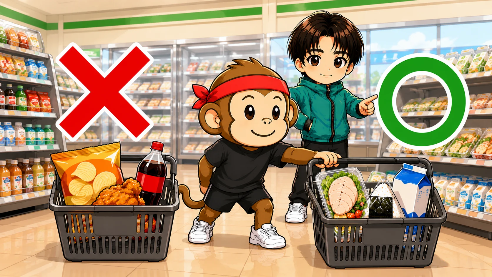 部活帰りのコンビニで揚げ物やお菓子だけの買い方と高タンパク食品を選ぶ買い方の比較