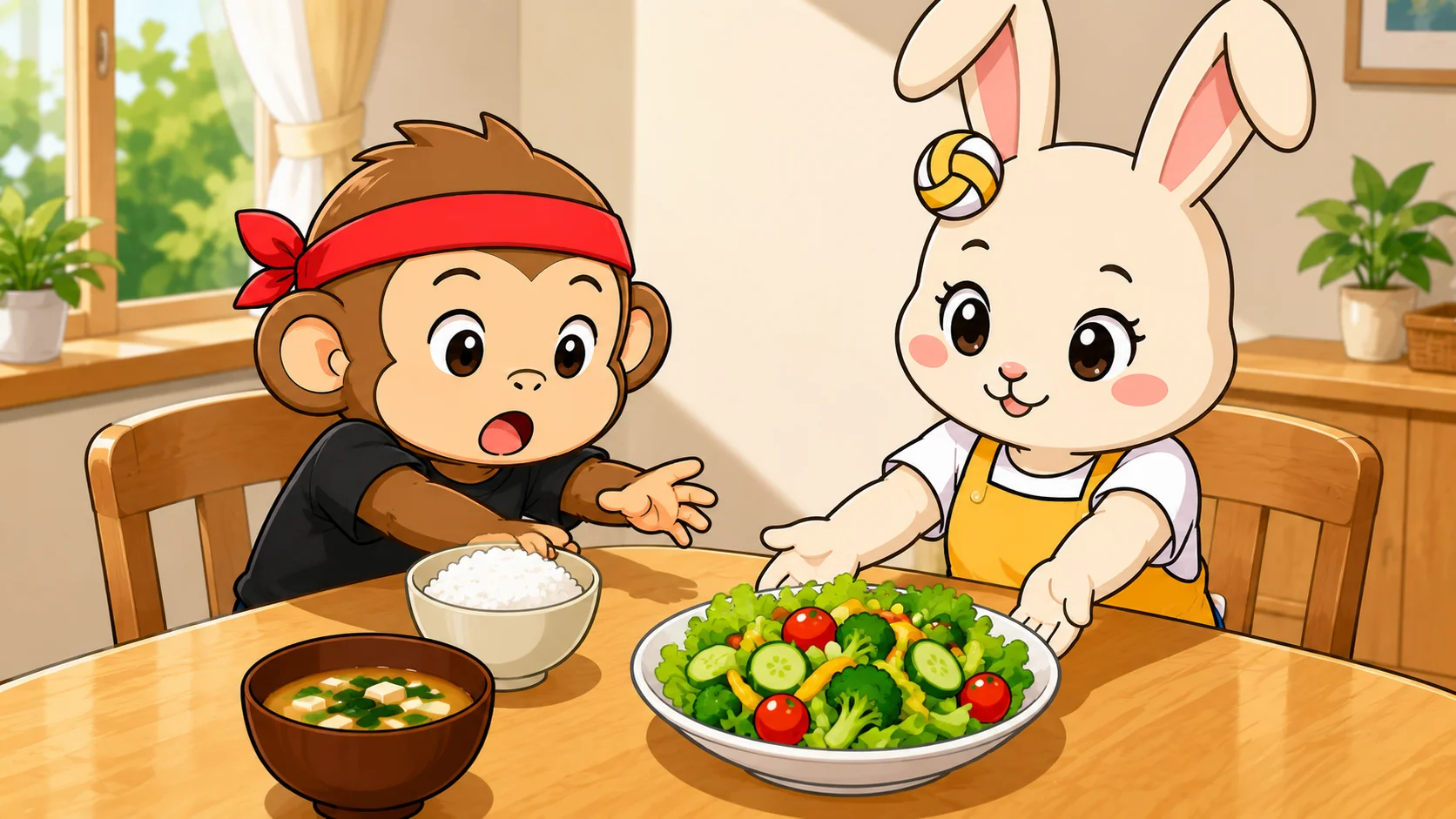 アスリートの食べる順番でごはんに手を伸ばす選手に野菜を先にすすめるイラスト