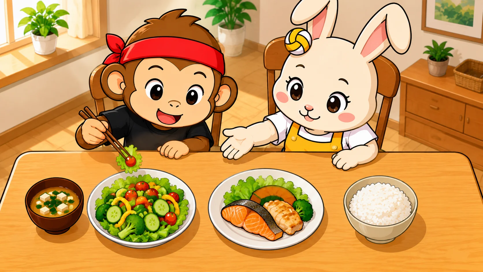 アスリートにおすすめの食べる順番は野菜・汁物から主菜そして主食の並びを示すイラスト