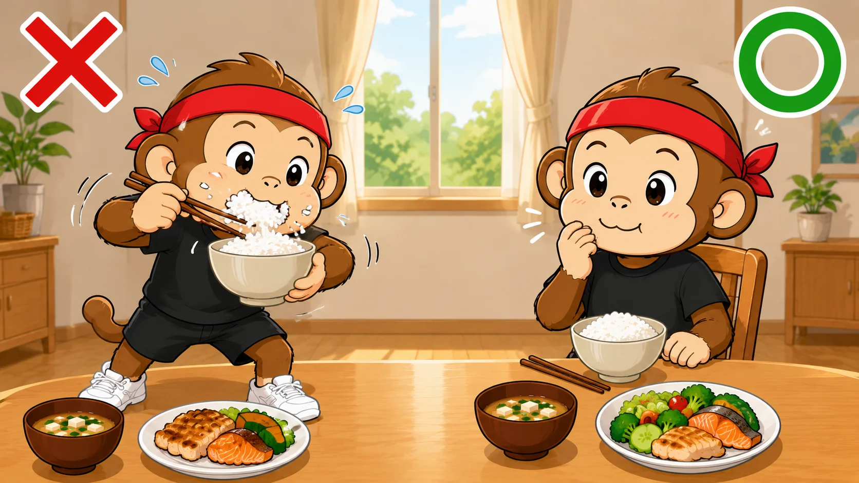 食べる順番とあわせて大切なよく噛む食べ方と早食いを比べたイラスト