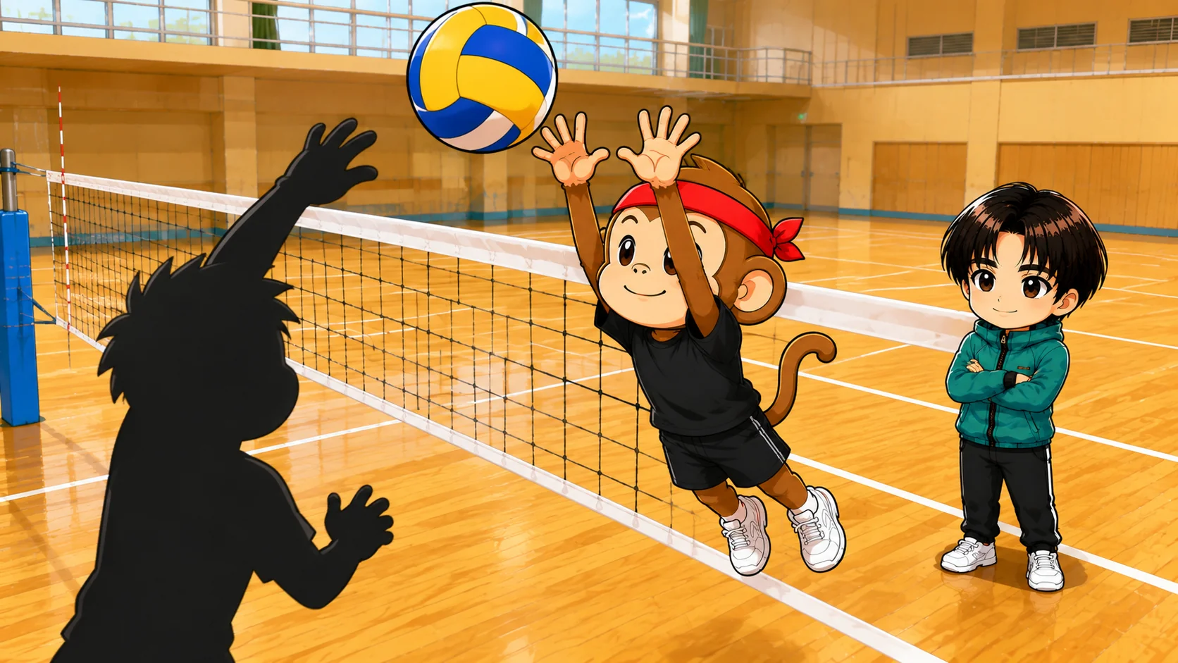 指を大きく開いてブロックし相手の強打を受け止めるサルくん