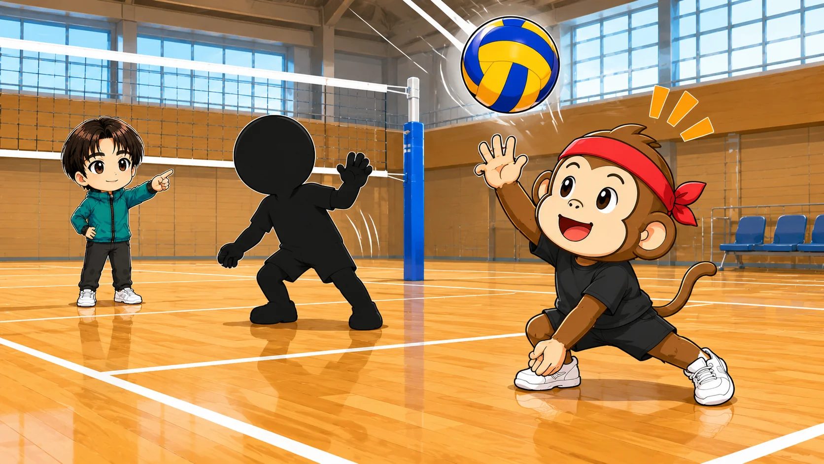 フォアヒットを防ぐため早めに声を出して取る人を1人に絞る場面のイラスト