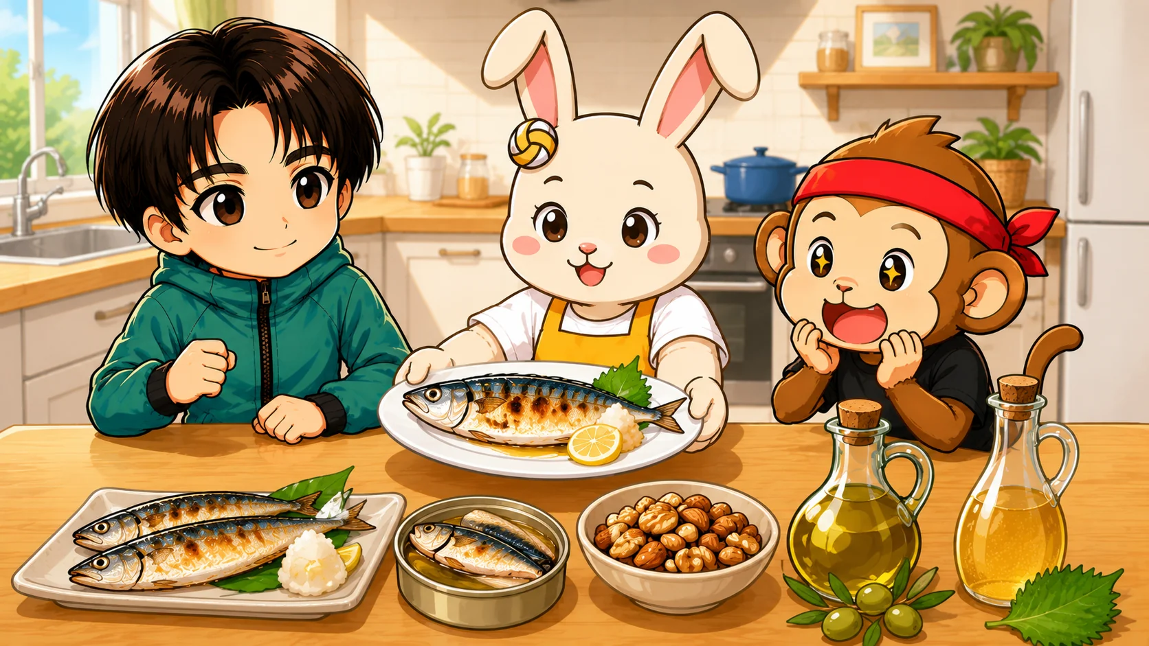 アスリートに良質とされる脂質(青魚・ナッツ・植物油)の食材例のイラスト