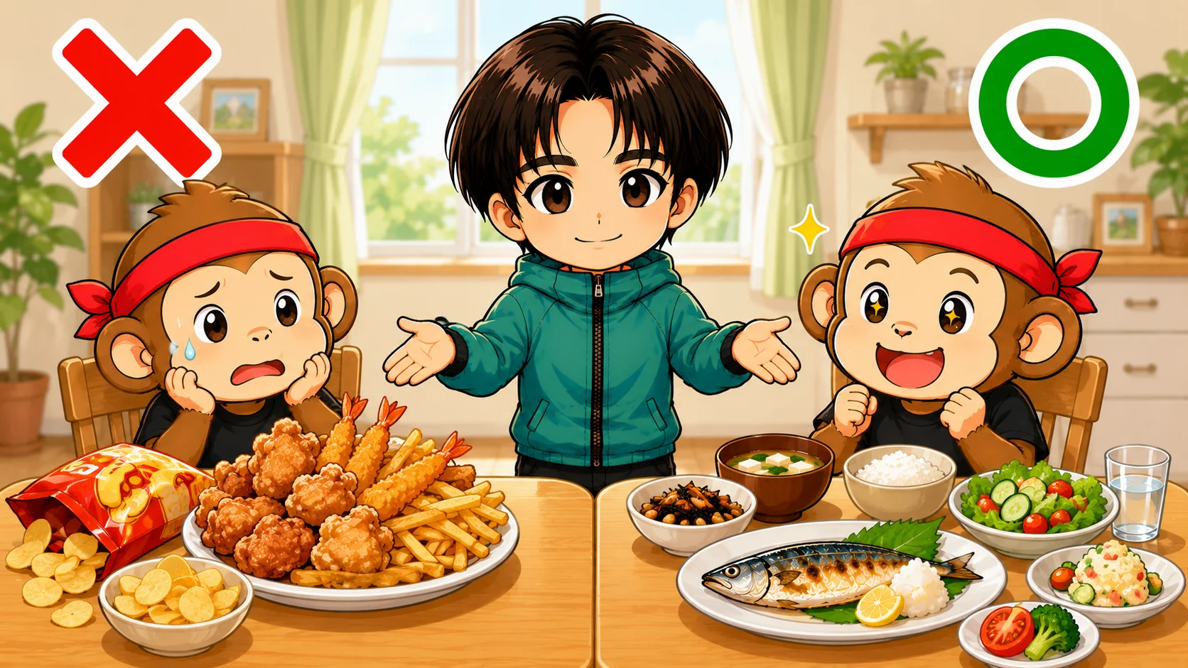 揚げ物にかたよった食事と野菜や魚を足したバランスのよい食事を比べるイラスト