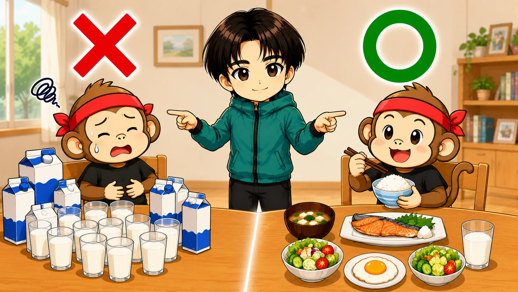 牛乳だけを大量にとる極端な食事とバランスのよい食事の比較