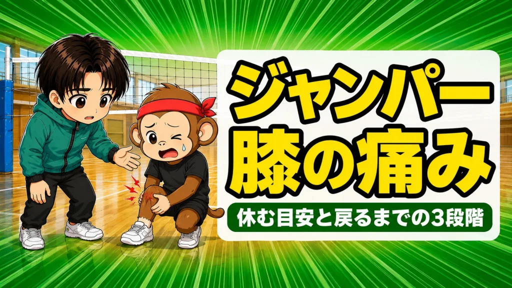 バレーのジャンパー膝で膝の下が痛む選手とコーチのイラスト