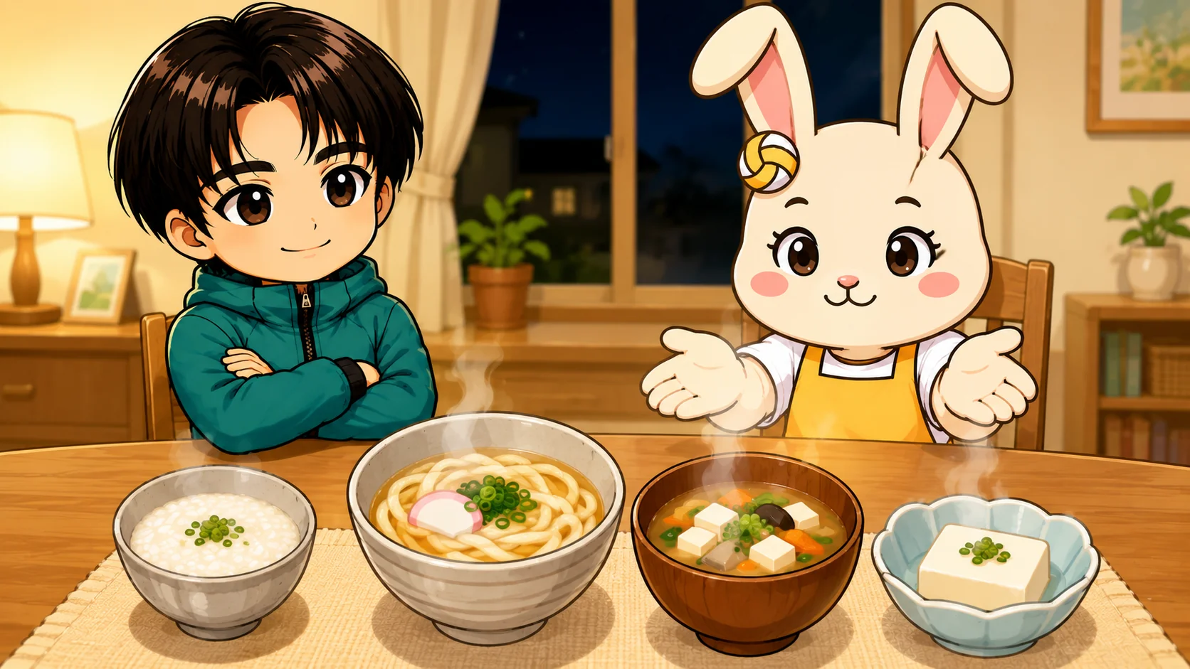 夜遅い日の夜食におすすめのおかゆ・うどん・味噌汁・湯豆腐が並んだ食卓のイラスト