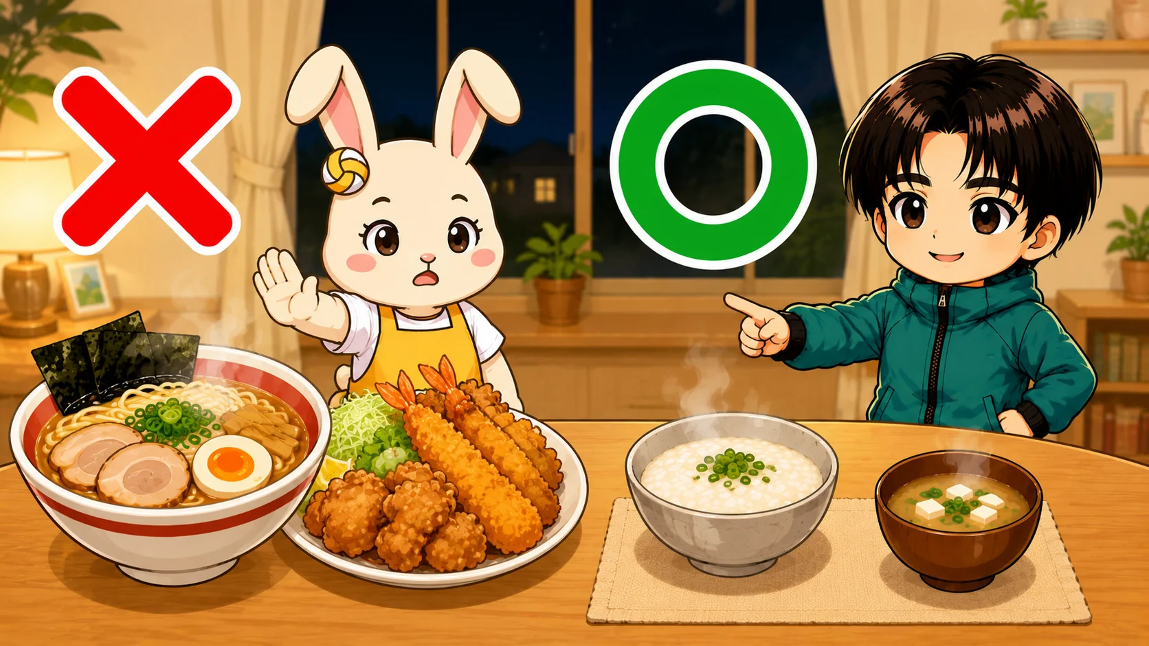 寝る直前に避けたい脂っこい夜食と、消化の良い夜食を比べたイラスト