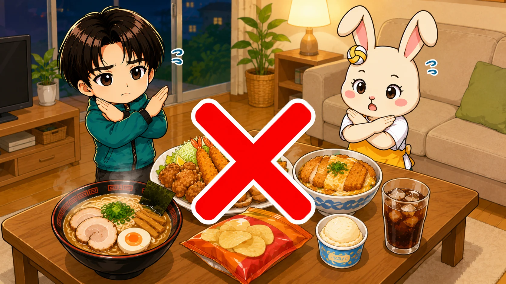 夜遅い時間に避けたいラーメンや揚げ物・冷たい飲み物のイラスト
