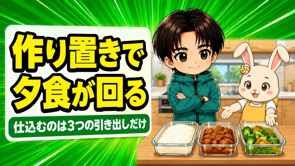 バレー部の作り置きおかずを主食・主菜・野菜の3つに分けて仕込む様子