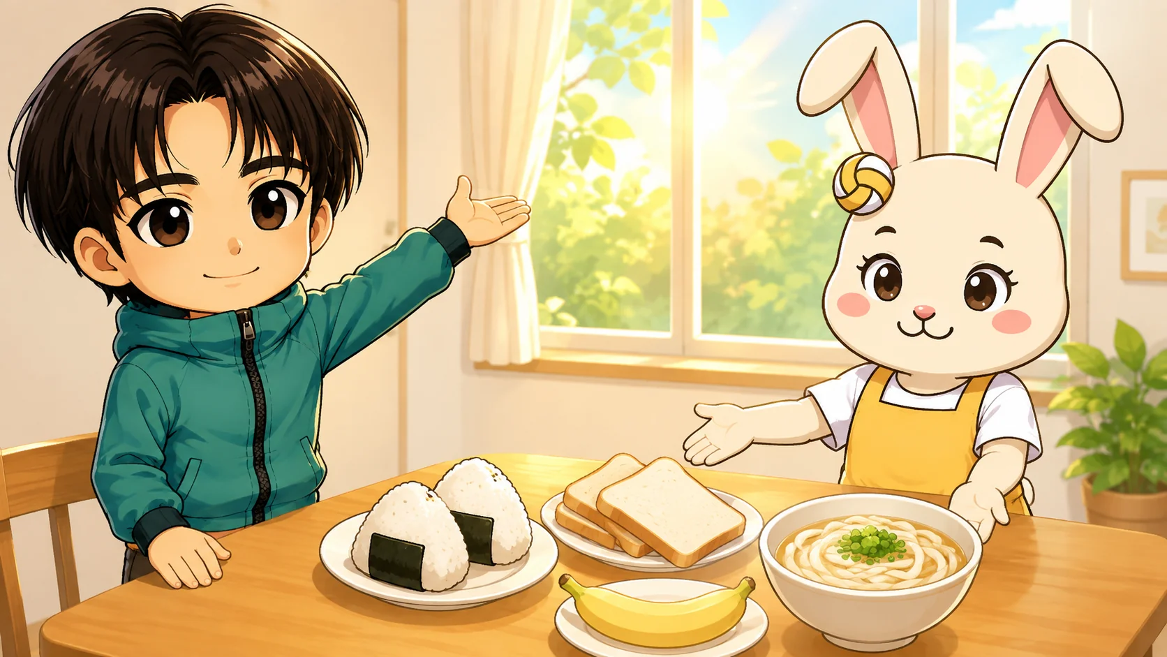 試合当日の朝ごはんにおにぎり・パン・バナナ・うどんを選ぶイラスト