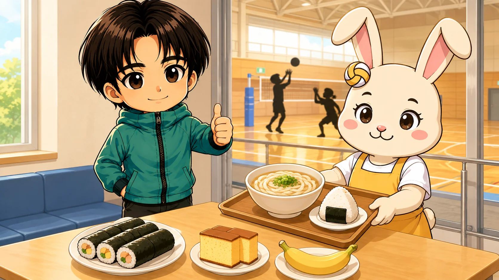 試合前の昼ごはんに向くうどんやおにぎりなど消化のよいメニューのイラスト