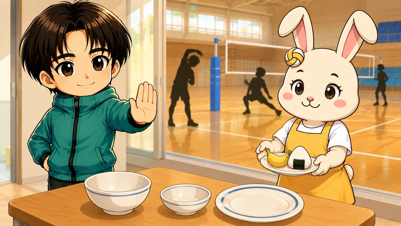 試合の2〜3時間前までに食事を終え直前は軽い補給にとどめることを示すイラスト