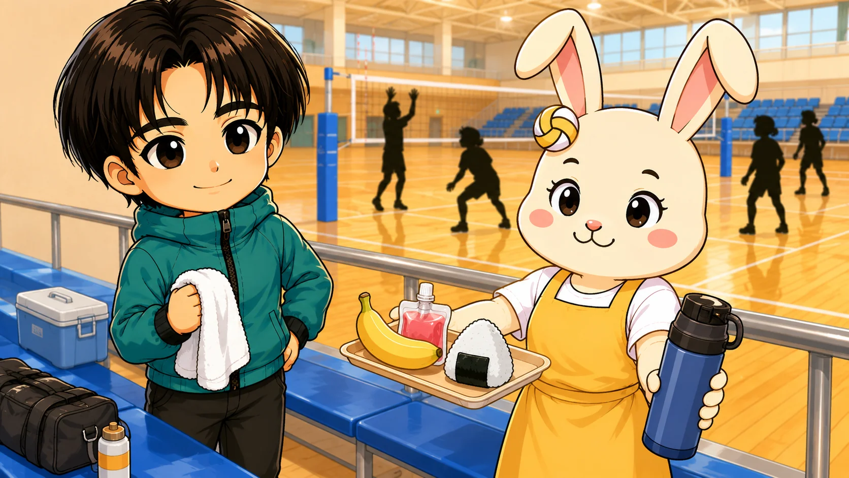 試合の合間にバナナやゼリー飲料と水分でエネルギーを補給するイラスト