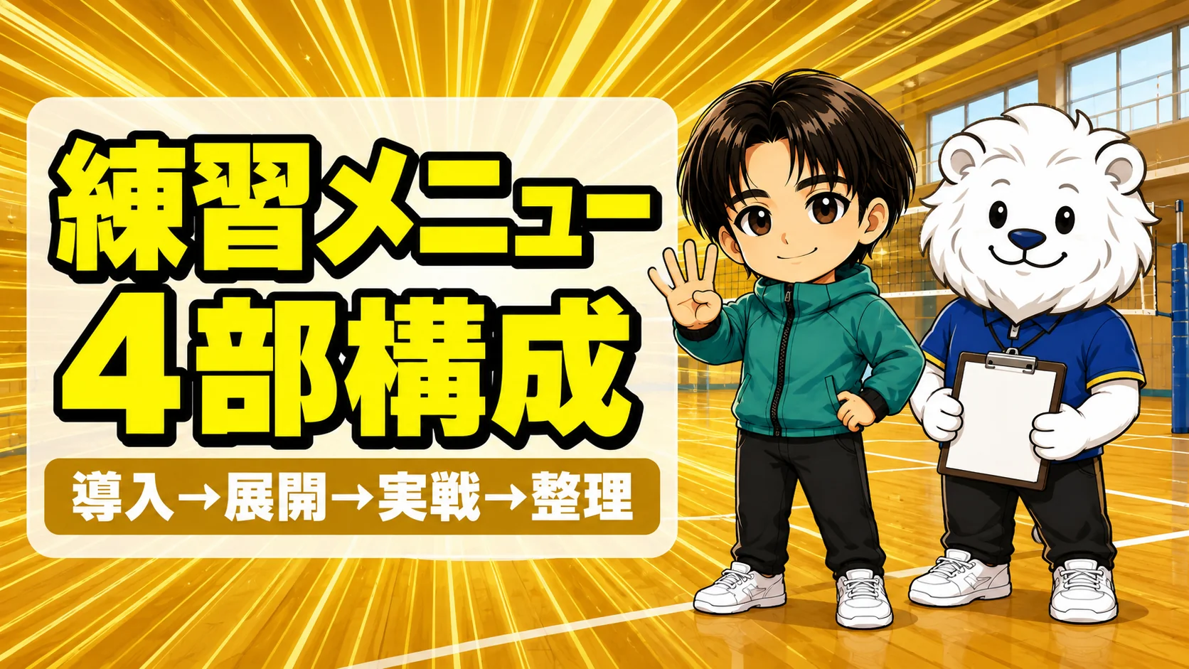 バレー練習メニューの構成を導入→展開→実戦→整理の4部で組み立てる図解
